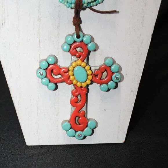 Beautiful Turquoise & Orange Large Cross on Leather Tied to Multi Bead Necklace - Picture 2 of 11